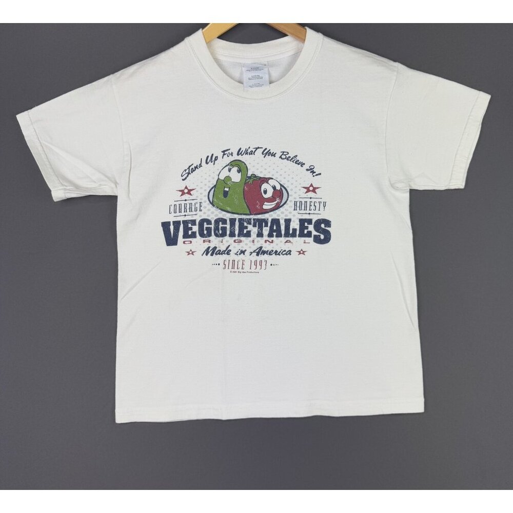 Vintage Y2K Veggietales Cartoon TV Show Movie Promo White Youth Large